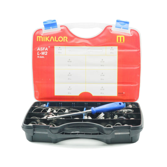 Mikalor | ASFA-L Worm Drive Hose Clamp Assortment Kit | 9mm Band Width | W2 430SS Band | 110 pcs 3503211 - HCL Fasteners EU - Image 1