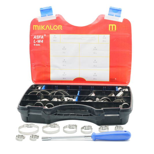 Mikalor | ASFA-L Worm Drive Hose Clamp Assortment Kit | 9mm Band Width | W4 304 Stainless Steel | 110 pcs 3503221 - HCL Fasteners EU - Image 1